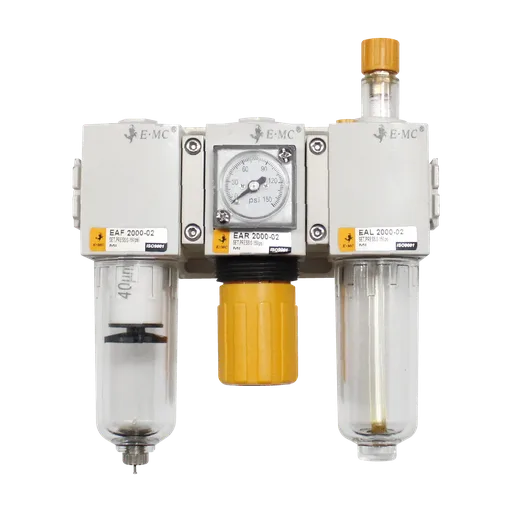 Combinación Filtro Regulador y Lubricador 1/8" BSP EAC2000-01F3 FRL, manómetro cuadrado, 145 PSI, 40um, purga manual
