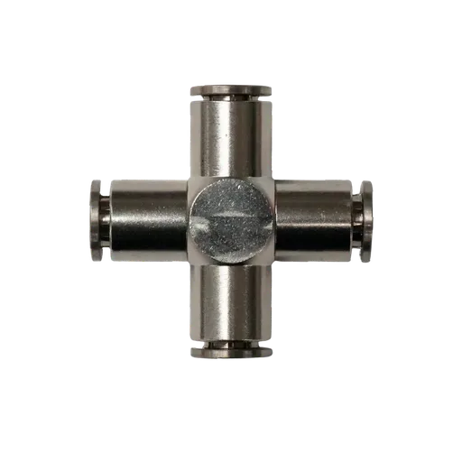 Racor rápido "X" metálico, latón niquelado, unión manguera-manguera 8mm